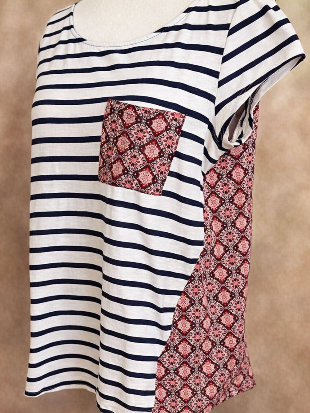 Anthropologie Artisan Boho Casual Top Red Geometric Pocket Textured Mixed Print